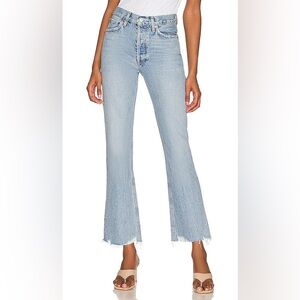 Agolde Mid Rise Relaxed Boot in Curio light wash frayed hem size 28